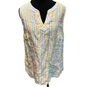 Talbots Linen Crew Split Neck Sleeveless Tank Top candy stripe pastel Sz M Layer